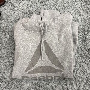 Reebok Light Gray Ribbed Cuff Fleece Sweatshirt Pull On Tie Hoodie 1 Pocket XL